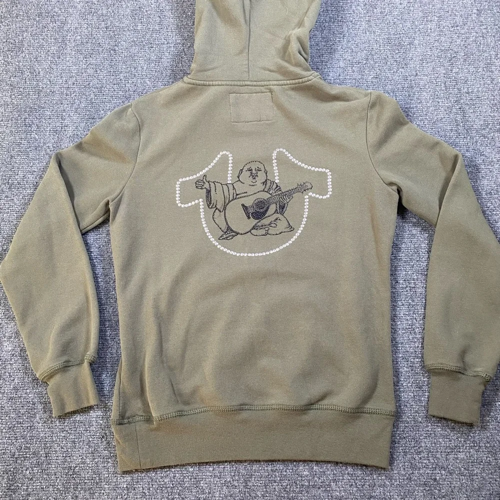 True‎ Religion STUDDED Olive Green hoodie Half zip pullover men’s XS